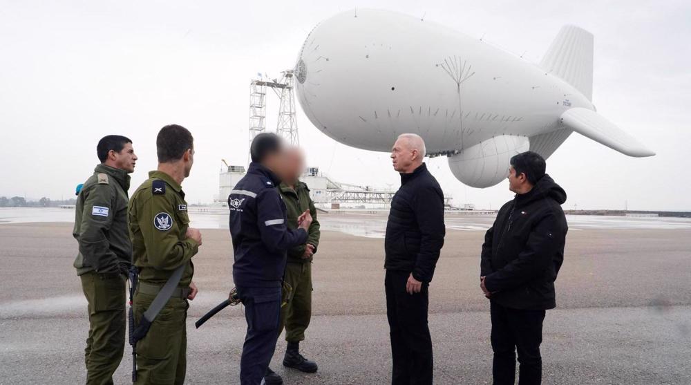 Israeli minister of military affairs Yoav Gallant meets air force soldiers at a base north of the occupied territories housing a giant spy balloon, on February 20, 2024. Photo: PressTV.