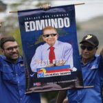 Un Nuevo Tiempo party banner with a photo of far-right PUD candidate Edmundo González at a political rally in La Victoria, Aragua state, May 18, 2024. Photo: Ariana Cubillos/AP.