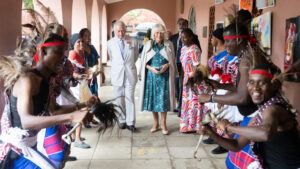 King Charles III and Queen Camilla view dancers at Fort Jesus the UNESCO World Heritage Site on November 03, 2023 in Mombasa, Kenya. Photo: Samir Hussein/WireImage/Getty Images.