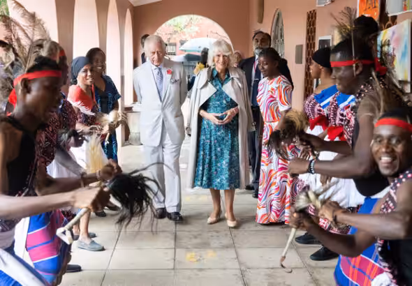 King Charles III and Queen Camilla view dancers at Fort Jesus the UNESCO World Heritage Site on November 03, 2023 in Mombasa, Kenya. Photo: Samir Hussein/WireImage/Getty Images.