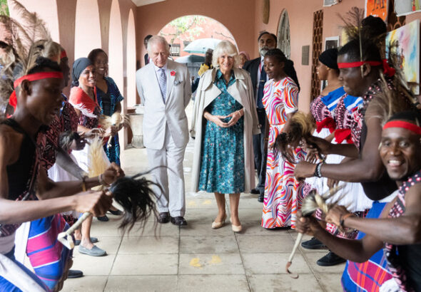 King Charles III and Queen Camilla view dancers at Fort Jesus the UNESCO World Heritage Site on November 03, 2023 in Mombasa, Kenya. Photo: Samir Hussein/WireImage/Getty Images.