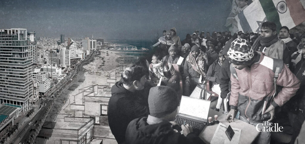 Compilation image of migrant workers, Israel's genocidal projections to build resorts on the Gaza Strip and the Israeli & Indian flags. Photo: The Cradle.