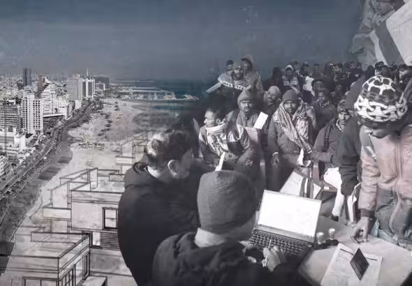 Compilation image of migrant workers, Israel's genocidal projections to build resorts on the Gaza Strip and the Israeli & Indian flags. Photo: The Cradle.