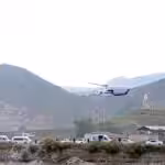 The helicopter carrying Iranian President Ebrahim Raisi takes off at the Iranian border with Azerbaijan after President Raisi and his Azeri counterpart Ilham Aliyev inaugurated dam of Qiz Qalasi, Iran, on Sunday, May 19, 2024. The helicopter carrying President Raisi suffered a "hard landing" a few minutes later.  Photo: Ali Hamed Haghdoust/IRNA.
