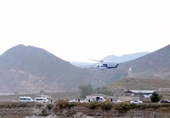 The helicopter carrying Iranian President Ebrahim Raisi takes off at the Iranian border with Azerbaijan after President Raisi and his Azeri counterpart Ilham Aliyev inaugurated dam of Qiz Qalasi, Iran, on Sunday, May 19, 2024. The helicopter carrying President Raisi suffered a "hard landing" a few minutes later.  Photo: Ali Hamed Haghdoust/IRNA.