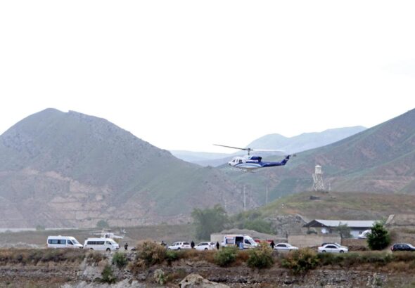 The helicopter carrying Iranian President Ebrahim Raisi takes off at the Iranian border with Azerbaijan after President Raisi and his Azeri counterpart Ilham Aliyev inaugurated dam of Qiz Qalasi, Iran, on Sunday, May 19, 2024. The helicopter carrying President Raisi suffered a "hard landing" a few minutes later.  Photo: Ali Hamed Haghdoust/IRNA.