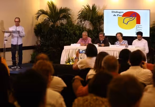 The press conference where the Colombian government delegation and the ELN delegation announced the signing of the first agreement in the peace process negotiations, Caracas, May 25, 2024. Photo: Prensa Latina.