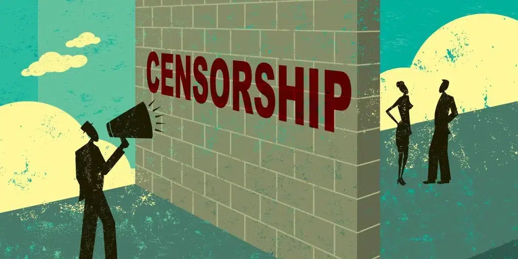 A wall of censorship separates a man shouting into a megaphone and a man and a woman on the other side of the wall. Illustration: Midwestern Marx.