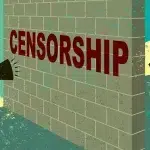 A wall of censorship separates a man shouting into a megaphone and a man and a woman on the other side of the wall. Illustration: Midwestern Marx.