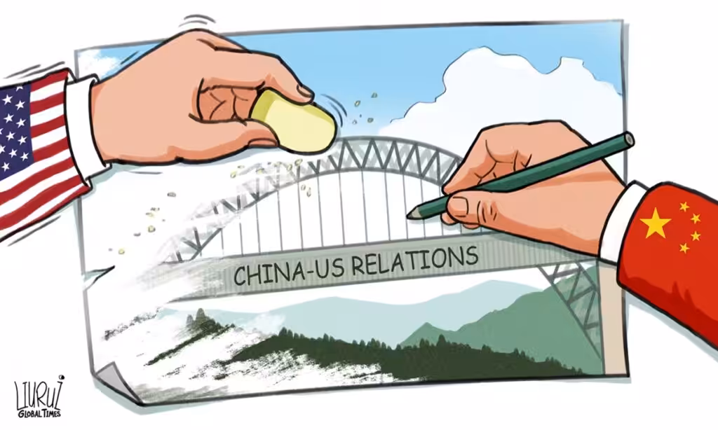 One hand with Chinese flag sleeve draws a bridge while another hand with US flag sleeve erases it, illustrating the current state of US-China relations. Illustration: Liu Rui/Global Times.