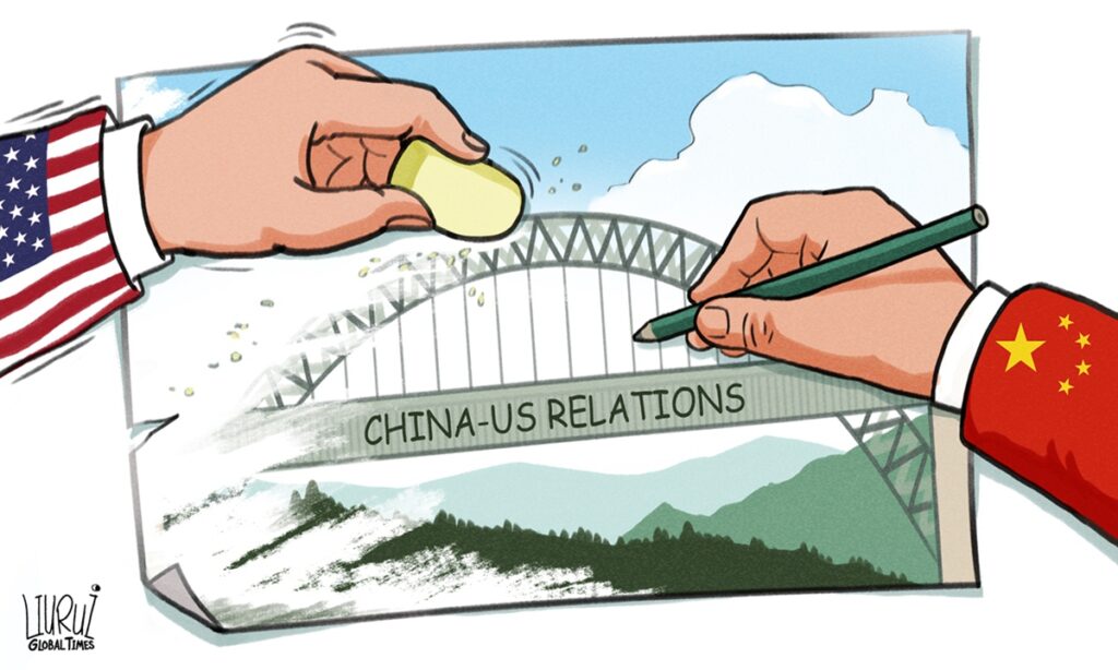 One hand with Chinese flag sleeve draws a bridge while another hand with US flag sleeve erases it, illustrating the current state of US-China relations. Illustration: Liu Rui/Global Times.