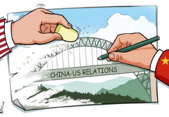 One hand with Chinese flag sleeve draws a bridge while another hand with US flag sleeve erases it, illustrating the current state of US-China relations. Illustration: Liu Rui/Global Times.