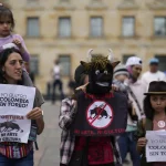 Animal rights activists protest against bullfighting, in Plaza Bolívar, Bogotá, Colombia, May 7, 2024. Photo: Fernando Vergara/AP.