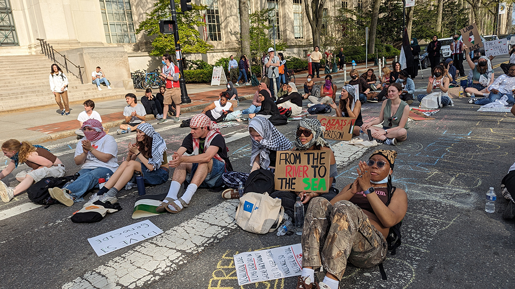 High School students gather to protect Gaza Solidarity Encampment at MIT from police repression. Photo: Peoples Dispatch.