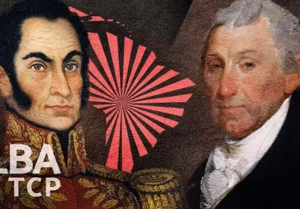 Photo composition, Simon Bolivar (left), James Monroe (right) and ALBA-TCP logo (background). Photo: United World.