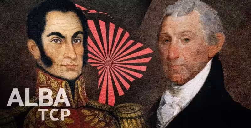 Photo composition, Simon Bolivar (left), James Monroe (right) and ALBA-TCP logo (background). Photo: United World.
