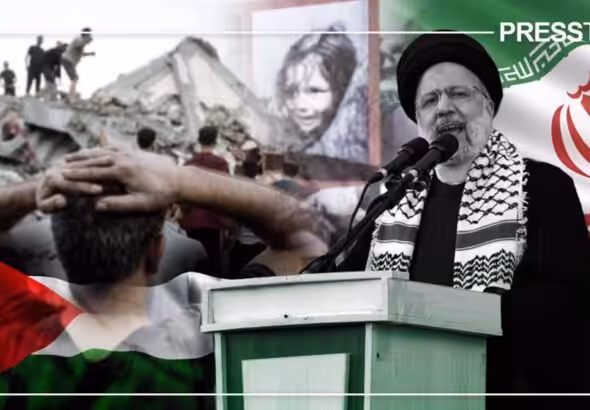 Photo composition with late Iranian President Ebrahim Raisi and a collage of scenes of destruction in Gaza caused by Israeli bombardment. Photo: PressTV.