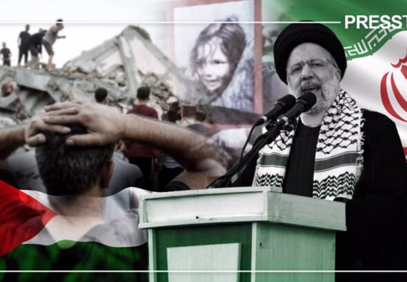 Photo composition with late Iranian President Ebrahim Raisi and a collage of scenes of destruction in Gaza caused by Israeli bombardment. Photo: PressTV.