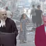 Photo composition: ICC Prosecutor Karim Khan (left), Benjamin Netanyahu (right) and in the background a girl looking at the ruins left by the Israeli indiscriminate bombarding. Photo: The Palestine Chronicle.