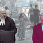 Photo composition: ICC Prosecutor Karim Khan (left), Benjamin Netanyahu (right) and in the background a girl looking at the ruins left by the Israeli indiscriminate bombarding. Photo: The Palestine Chronicle.