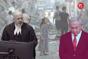 Photo composition: ICC Prosecutor Karim Khan (left), Benjamin Netanyahu (right) and in the background a girl looking at the ruins left by the Israeli indiscriminate bombarding. Photo: The Palestine Chronicle.