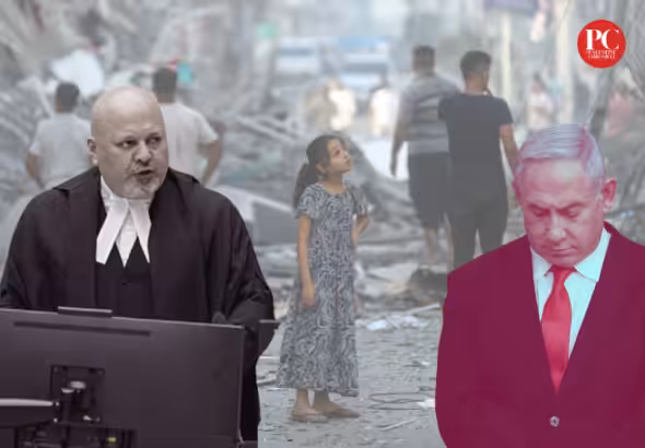 Photo composition: ICC Prosecutor Karim Khan (left), Benjamin Netanyahu (right) and in the background a girl looking at the ruins left by the Israeli indiscriminate bombarding. Photo: The Palestine Chronicle.