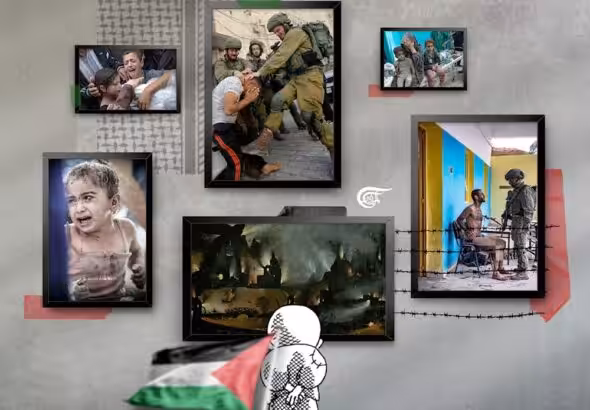 Collage with various scenes from the ongoing Gaza genocide, and the iconic Palestinian cartoon character Handala looking at the carnage. Illustration: Zeinab El-Hajj/Al-Mayadeen.