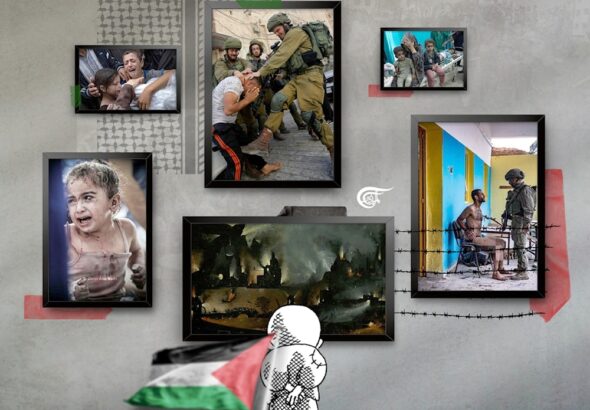 Collage with various scenes from the ongoing Gaza genocide, and the iconic Palestinian cartoon character Handala looking at the carnage. Illustration: Zeinab El-Hajj/Al-Mayadeen.