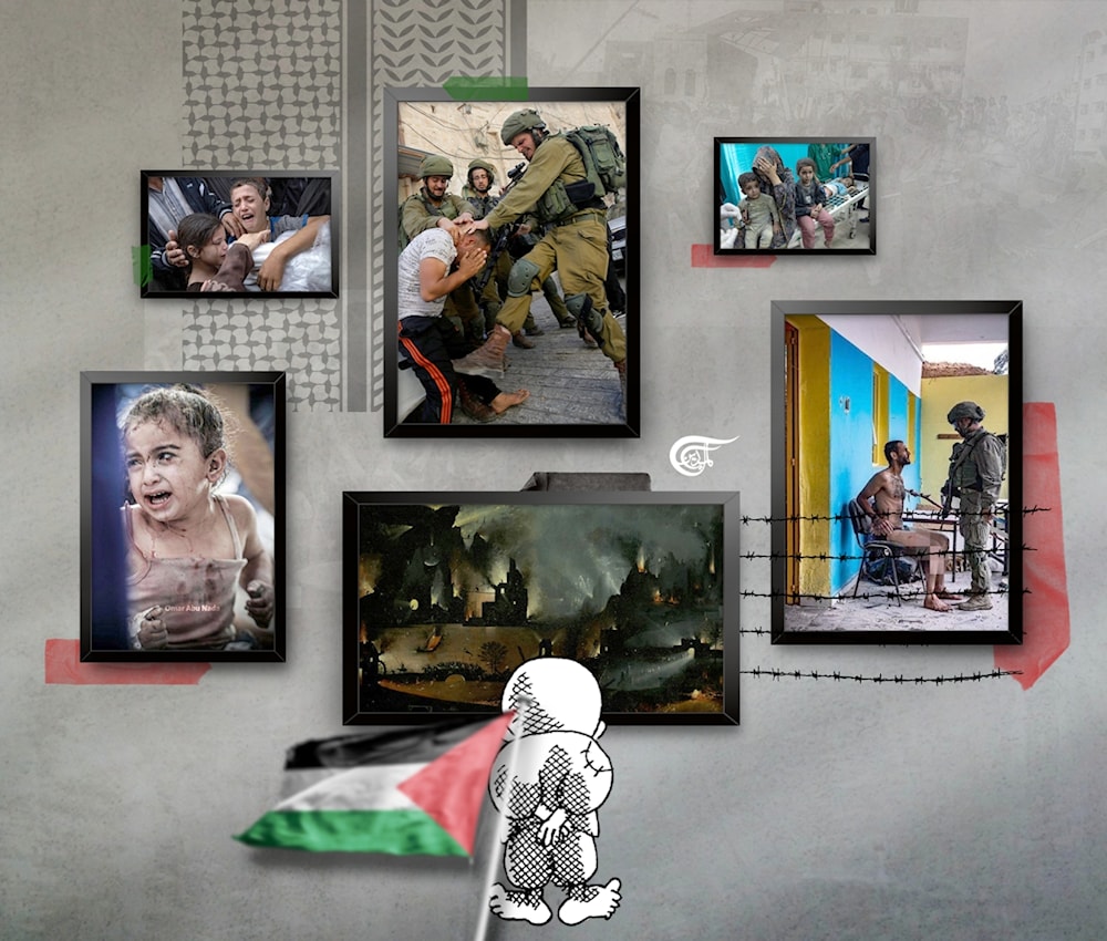Collage with various scenes from the ongoing Gaza genocide, and the iconic Palestinian cartoon character Handala looking at the carnage. Illustration: Zeinab El-Hajj/Al-Mayadeen.