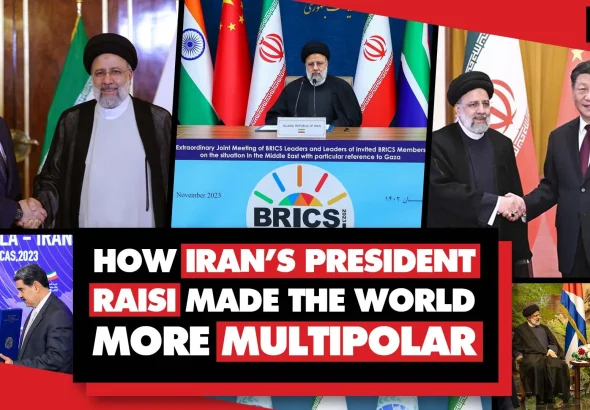 Photo composition showing late Iranina Presiden Ebrahim Raisi next to Vladimir Putin, Xi Jinping, Miguel Diaz-Canel and Nicolas Maduro. Photo: Geopolitical Economy.