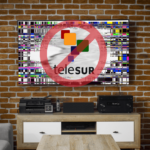 A Telesur logo on a TV screen with the cancel sign on it. Photo: RedRadioVE.