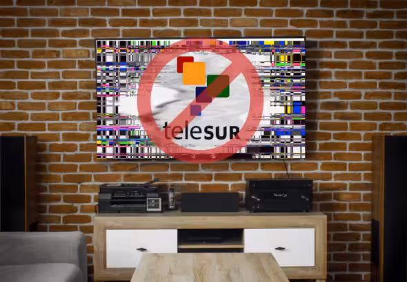 A Telesur logo on a TV screen with the cancel sign on it. Photo: RedRadioVE.