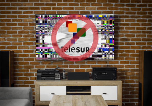 A Telesur logo on a TV screen with the cancel sign on it. Photo: RedRadioVE.