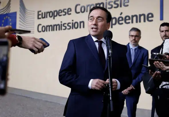 Spanish Foreign Minister José Manuel Albares speaks to the press before a meeting of the European Commission in Brussels, May 16, 2024. Photo: Kenzo Tribouillard/AFP.