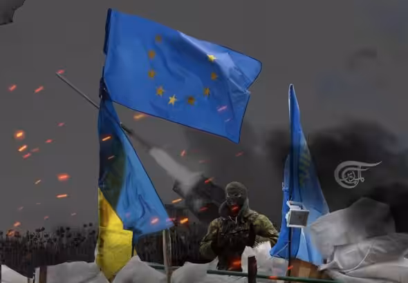 A soldier stands behind barricades on which the flags of European Union and Ukraine fly, amid artillery strikes. Illustration: Hadi Dbouk/Al-Mayadeen.