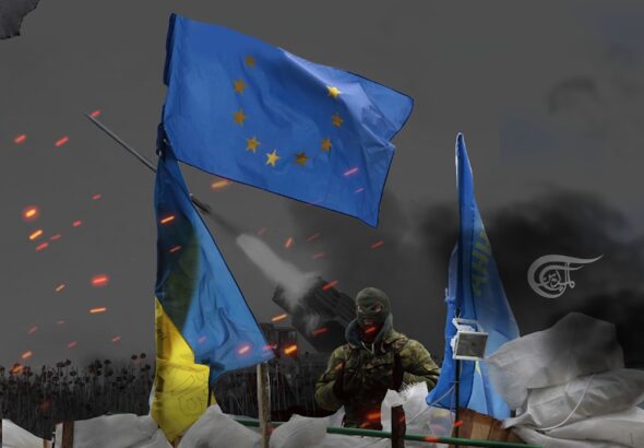 A soldier stands behind barricades on which the flags of European Union and Ukraine fly, amid artillery strikes. Illustration: Hadi Dbouk/Al-Mayadeen.