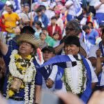 Luis Arce and Evo Morales at the celebration of the 28 years of MAS in Cochabamba, March 2023. Photo: APG/File photo.