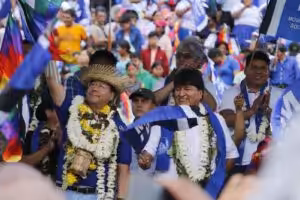 Luis Arce and Evo Morales at the celebration of the 28 years of MAS in Cochabamba, March 2023. Photo: APG/File photo.