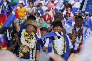 Luis Arce and Evo Morales at the celebration of the 28 years of MAS in Cochabamba, March 2023. Photo: APG/File photo.