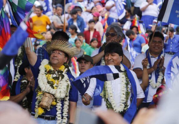 Luis Arce and Evo Morales at the celebration of the 28 years of MAS in Cochabamba, March 2023. Photo: APG/File photo.