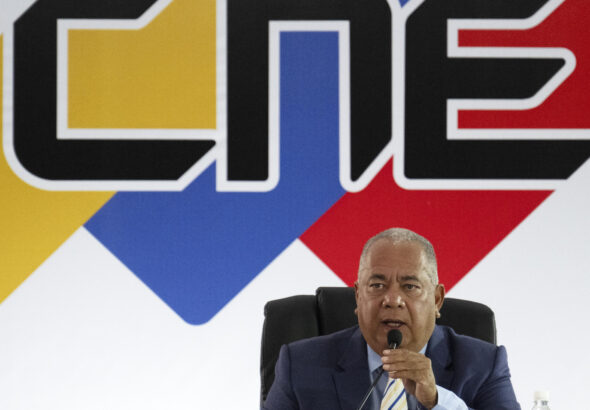 Venezuela's National Electoral Council president, Elvis Amoroso, announcing the decision to the press to revoke the invitation to the European Union of participation as electoral observers in the upcoming July 28 presidential elections. Photo: Federico Parra/AFP.