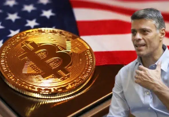 Venezuelan far-right opposition leader Leopoldo López beside the Bitcoin logo, with the US flag in the background. Photo composition: CriptoNoticias.