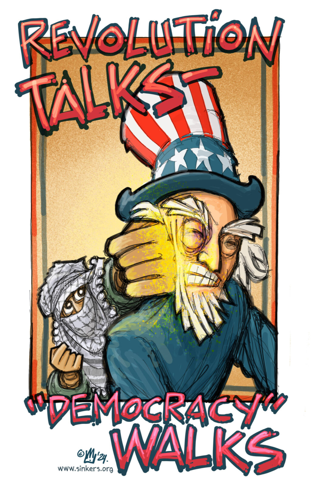 Cartoon by Mike Flugennock portraying an "Uncle Sam" being punch in the face by a person wearing a Palestinian keffiyeh.