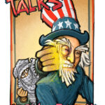 Cartoon by Mike Flugennock portraying an "Uncle Sam" being punch in the face by a person wearing a Palestinian keffiyeh.