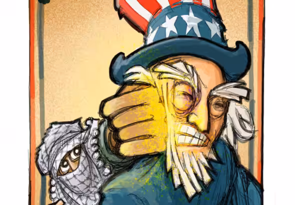 Cartoon by Mike Flugennock portraying an "Uncle Sam" being punch in the face by a person wearing a Palestinian keffiyeh.