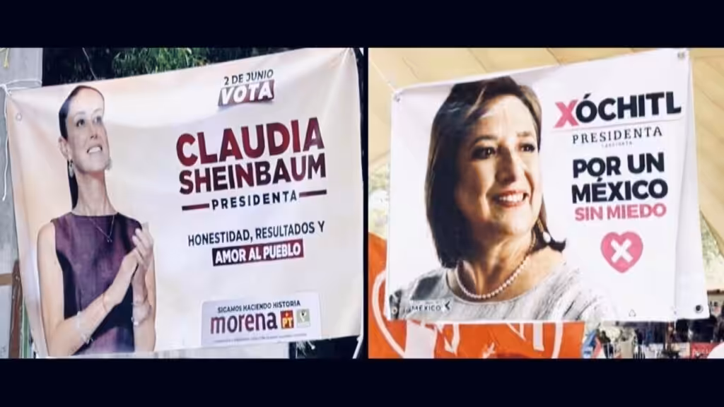 A poster of MORENA and allies’ presidential candidate Claudia Sheinbaum next to a poster of Xóchitl Gálvez, right-wing Broad Front for Mexico coalition’s presidential candidate. Photo: France 24.