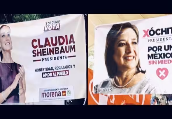 A poster of MORENA and allies’ presidential candidate Claudia Sheinbaum next to a poster of Xóchitl Gálvez, right-wing Broad Front for Mexico coalition’s presidential candidate. Photo: France 24.