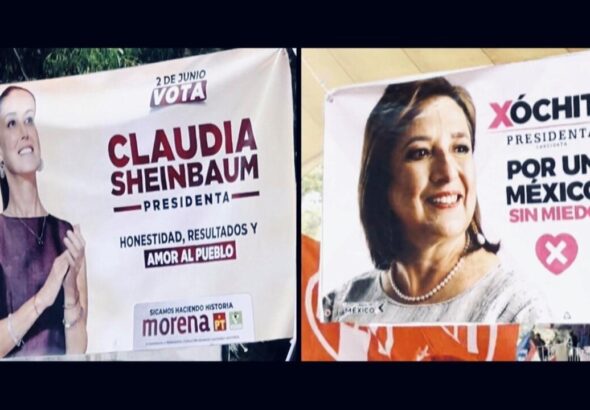A poster of MORENA and allies’ presidential candidate Claudia Sheinbaum next to a poster of Xóchitl Gálvez, right-wing Broad Front for Mexico coalition’s presidential candidate. Photo: France 24.