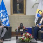 Jorge Alberto Grayeb (left), head of the UN delegation of electoral experts, meets with the president of the Venezuelan National Electoral Council (CNE) Elvis Amoroso (right), Caracas, April 23, 2024. Photo: EFE.