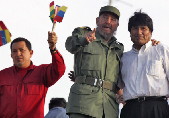 Hugo Chávez with Fidel Castro and Evo Morales. Photo: TeleSUR.